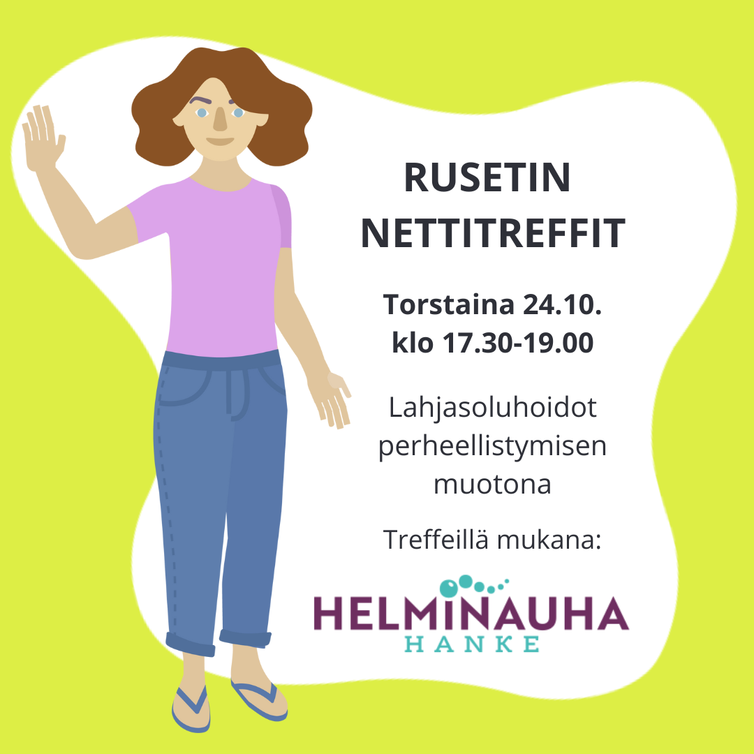 Mainoskuva Rusetin 6/2024 nettitreffeistä, piirroskuvassa nainen heiluttaa kättään