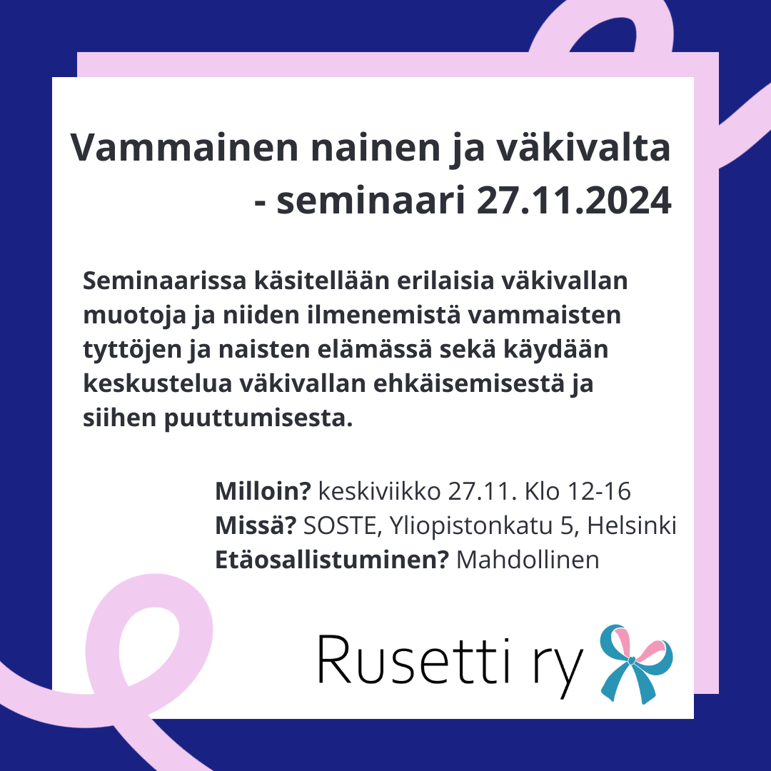 Mainoskuva seminaarista, joka sisältää tekstiä. Sama teksti lukee seminaarin kuvauksessa. Kuvassa tummansiniset reunat ja pinkkiä rusetin nauhaa. 