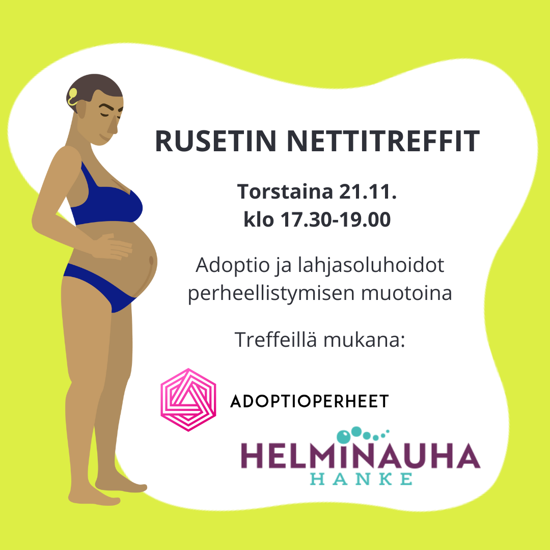 Nettitreffimainos, piirroskuva naisesta, joka käyttää kuulemisen apuvälinettä ja on raskaana