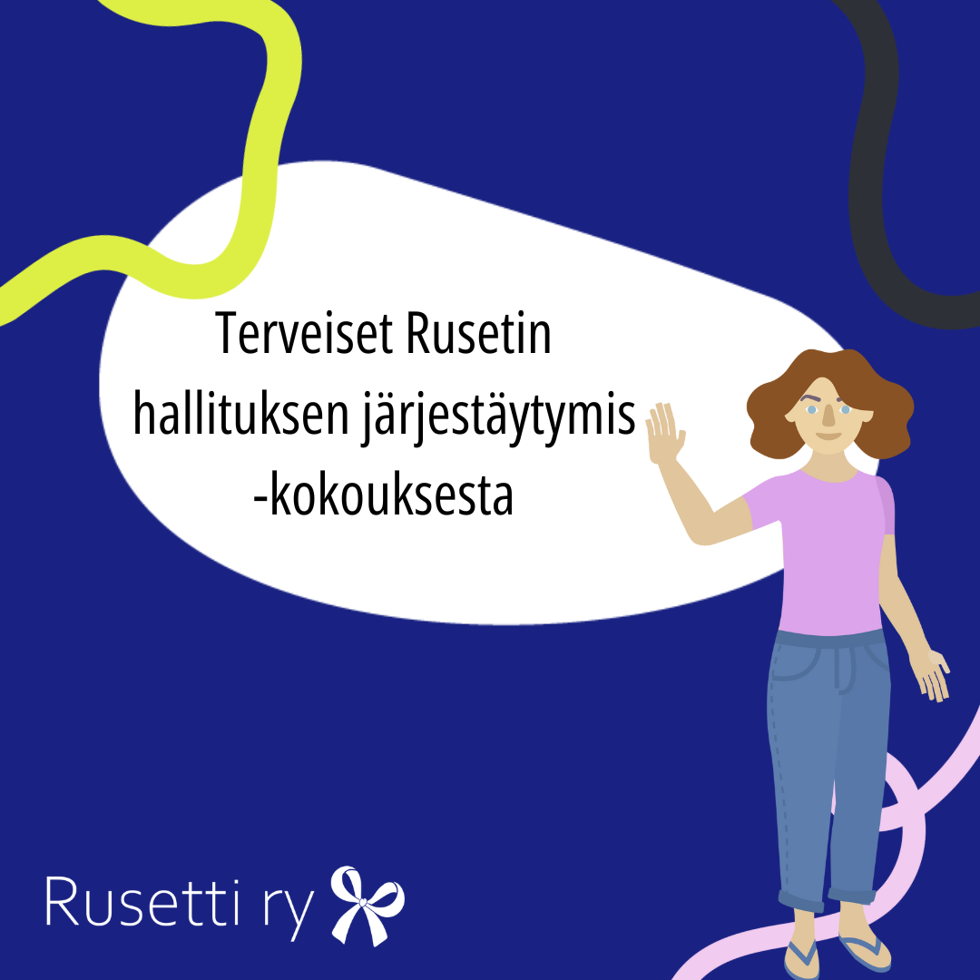 Kuvitus kuva, sisältää tummansinistä väriä ja piirroshahmon joka heiluttaa kättä tervehdykseksi.